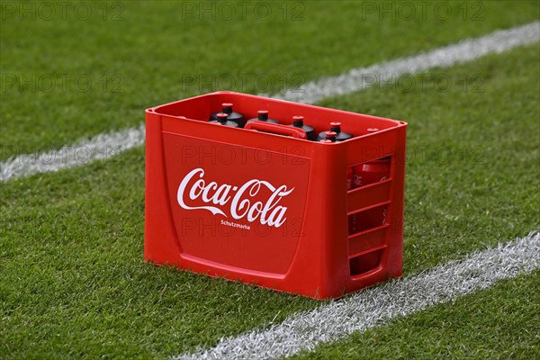 Beverages, beverage bottles, beverage crate, Coca-Cola, logo, red, standing on grass, PreZero Arena, Sinsheim, Baden-Wuerttemberg, Germany, Europe