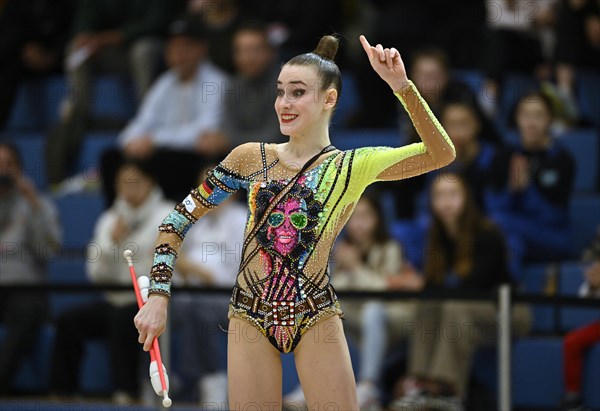 World champion Darja Varfolomeev (GER), action, clubs, rhythmic gymnastics, RSG, Schmiden International 2024, Fellbach, Baden-Wuerttemberg, Germany, Europe