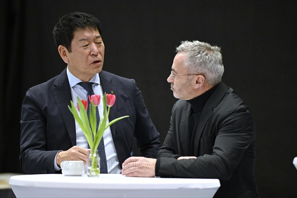 Morinari Watanabe, President of the FIG Federation Internationale de Gymnastique, in conversation with Alfons Hoelzl, President of the German Gymnastics Federation, rhythmic gymnastics, RSG, Schmiden International 2024, Fellbach, Baden-Wuerttemberg, Germany, Europe