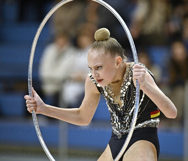 Alina Ott (GER), action, hoops, rhythmic gymnastics, RSG, Schmiden International 2024, Fellbach, Baden-Wuerttemberg, Germany, Europe