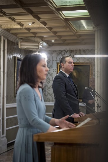 Annalena Baerbock (Alliance 90/The Greens), Federal Foreign Minister, photographed during her visit to Montenegro. Here a press conference with Foreign Minister Filip Ivanovic in Villa Gorica. 'Photographed on behalf of the Federal Foreign Office'