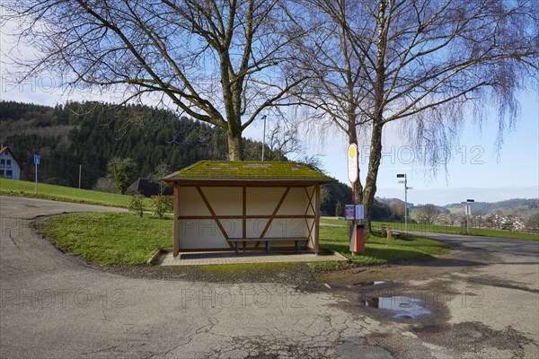 Bus bend, bus stop with bus shelter and wintry trees in Waldkirch, Emmendingen district, Baden-Wuerttemberg, Germany, Europe