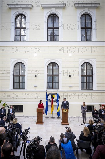 Annalena Baerbock (Alliance 90/The Greens), Federal Foreign Minister, pictured during her visit to Bosnia and Herzegovina. Here at a press conference with Foreign Minister Elmedin Konakovic. 'Photographed on behalf of the Federal Foreign Office'