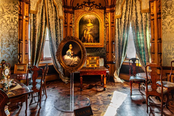 Charlotte's living room, interior in neo-renaissance, neo-baroque style, Miramare Castle with marvellous view of the Gulf of Trieste, 1870, residence of Maximilian of Austria, princely living culture in the second half of the 19th century, Friuli, Italy, Trieste, Friuli, Italy, Europe