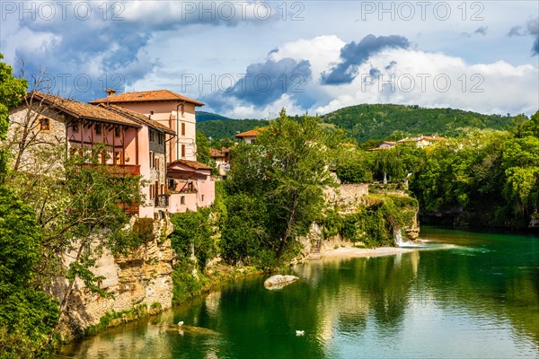 View from the 15th century Ponte del Diavolo leading over the Natisone river into the historic centre, Devil's Bridge, Cividale del Friuli, city with historical treasures, UNESCO World Heritage Site, Friuli, Italy, Cividale del Friuli, Friuli, Italy, Europe