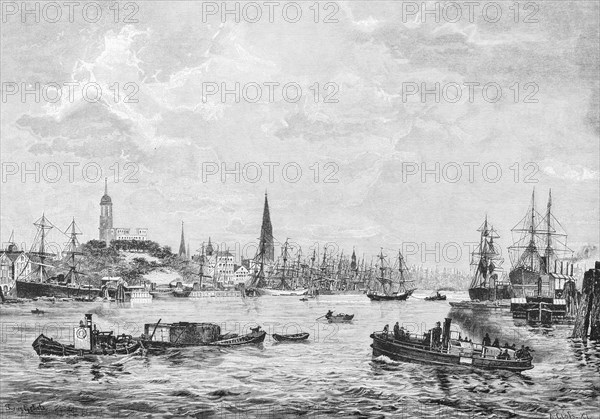 View of the Elbe, Hamburg harbour, panorama, sailing ships, launches, steamboats, Michel, church towers, shore, transport, trade, Hamburg, Germany, historical illustration 1880, Europe
