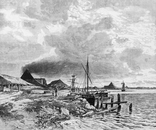 Egernsund on the Flenburg Fjord, brickyard, production of clay bricks, smoke, economy, small harbour, sailing ships, dolphins, South Jutland, Broager Peninsula, Denmark, historical illustration 1880, Europe