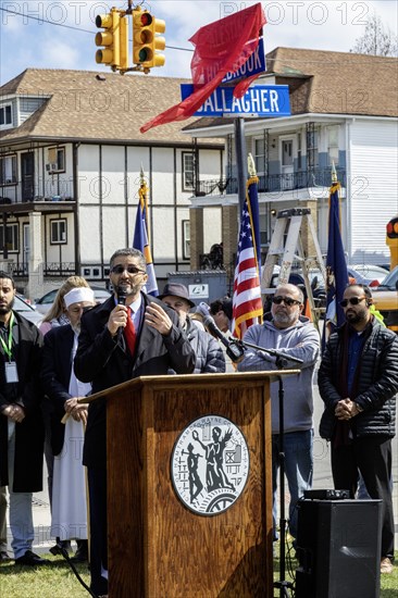 Hamtramck, Michigan USA, 7 March 2024, Hamtramck Mayor Amer Ghalib speaks at a ceremony before unveiling a sign renaming a major street 'Palestine Avenue.' The action is in solidarity with Palestinians in Gaza, where tens of thousands have died in Israel's bombing campaign