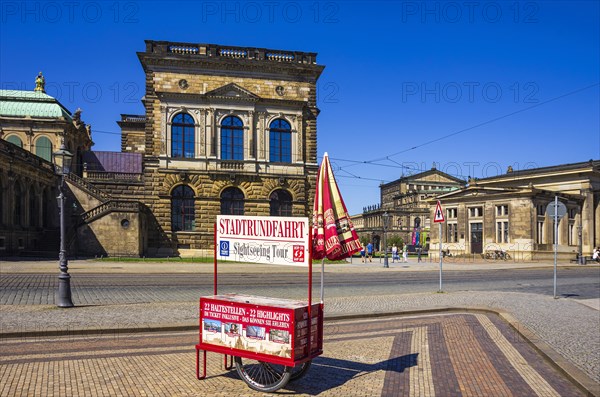 Ticket sales stand and stop for city tours on Sophienstrasse in front of the Dresden Zwinger, Inner Old Town, Dresden, Saxony, Germany, for editorial use only, Europe