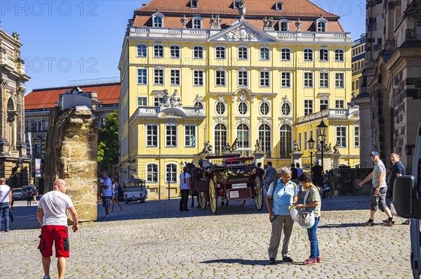 Tourist situation next to the Church of Our Lady in front of the rebuilt Coselpalais on the Neumarkt in the Inner Old Town of Dresden, Saxony, Germany, for editorial use only, Europe