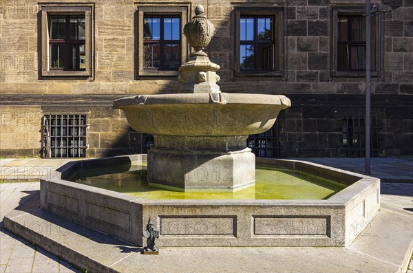 Town hall fountain, also known as the Hietzig fountain, between the town hall and the Kreuzkirche church with a dwarf commemorating the 55-year town twinning between Dresden and Wroclaw, Dresden, Saxony, Germany, Europe