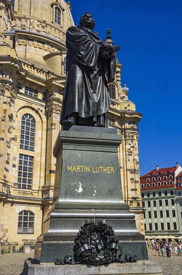 Statue of Doctor Martin Luther after Ernst Rietschel on the Neumarkt in front of the Church of Our Lady in Dresden, Saxony, Germany, Europe