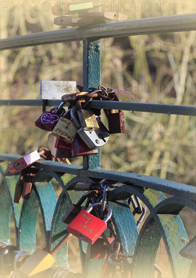 Love locks on the railing of a bridge, North Rhine-Westphalia, Germany, Europe