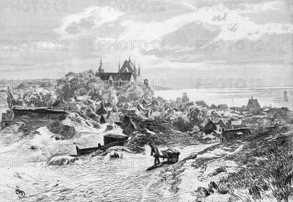 Frombork or Frauenburg on the Vistula Lagoon, Baltic Sea, Pomerania, hill, landscape, castle, town view, wheelbarrow, man, Poland, historical illustration 1880, Europe