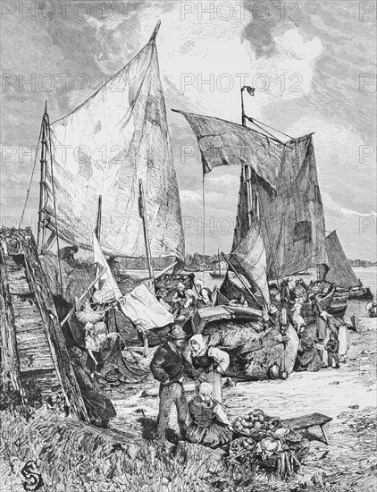 Market on the Memel, border river Russia and Lithuania, trade, people, farmers, rural, sailing ships, small harbour, historical illustration 1880