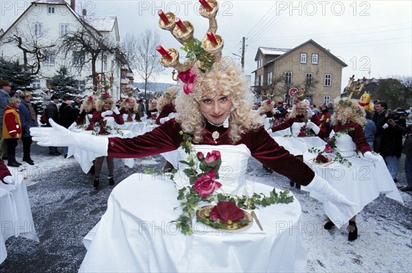 Carnival in Wasungen, Thuringia on 13.02.1999. The Wasungen carnival is known for its popular character, which it has managed to retain to this day. The highlight of every carnival season is the big historical parade, which takes place every year on the Saturday in front of Ash Wednesday