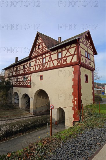 Historic pigeon tower, castle, gatehouse, town gate, half-timbered house, Ochsenfurt, Lower Franconia, Franconia, Bavaria, Germany, Europe