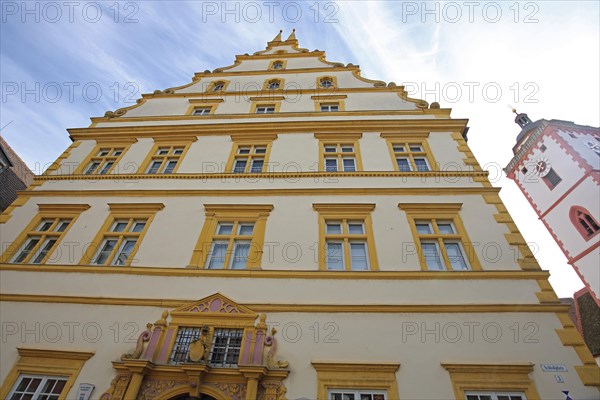 Renaissance castle built 1580 and St. Nikolai church, church tower, Nikolaikirche, gable, view upwards, Marktbreit, Lower Franconia, Franconia, Bavaria, Germany, Europe