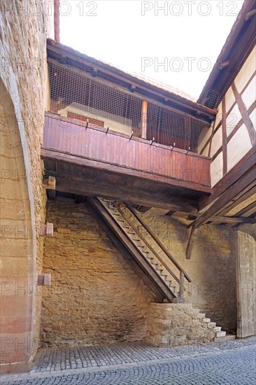 Historic Mainbernheim Gate as part of the town fortifications, inside, staircase, battlements, town wall, defence defence tower, Iphofen, Lower Franconia, Franconia, Bavaria, Germany, Europe