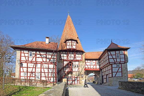 Historic Roedelsee Gate, town gate, half-timbered house, town fortifications, Iphofen, Lower Franconia, Franconia, Bavaria, Germany, Europe
