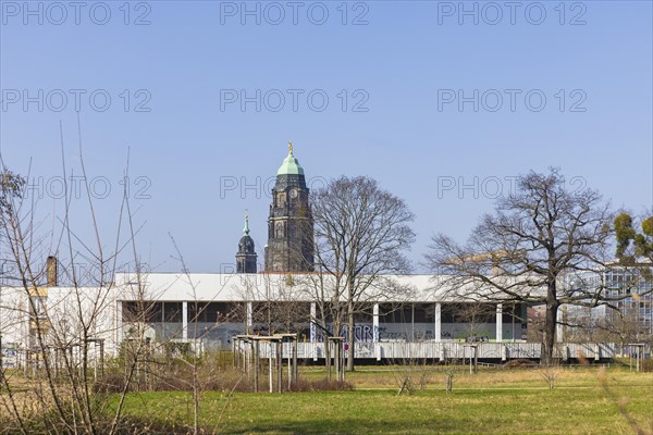 Blueher Park with Robotron canteen, town hall and Kreuzkirche church, Dresden, Saxony, Germany, Europe