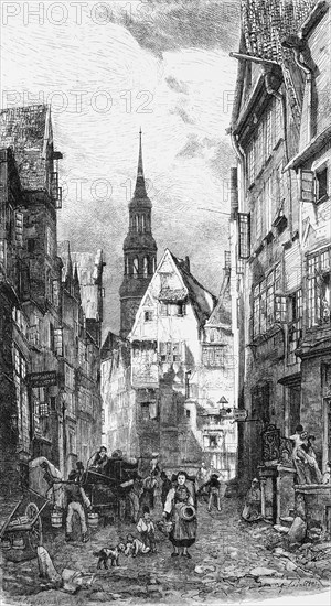 Dovenfleet with St. Katharinen Church, canal, alley, everyday life, people, work, building, church tower, Hanseatic City of Hamburg, Germany, historical illustration 1880, Europe