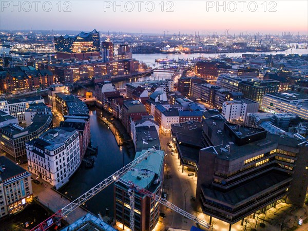 Aerial view of Hamburg harbour and the Elbe Philharmonic Hall concert hall at blue hour, Hamburg, Germany, Europe