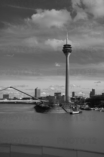 Rhine Tower in the Media Harbour, black and white, Duesseldorf, Germany, Europe