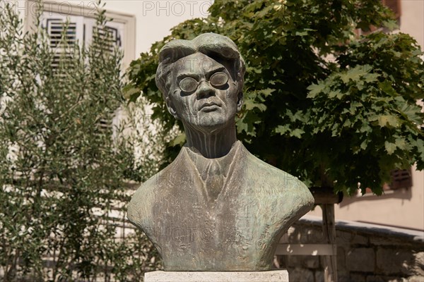 Bust of Marij Kogoj, Yugoslav composer, in the village of Kanal ob Soci, Primorska region, Slovenia, Europe