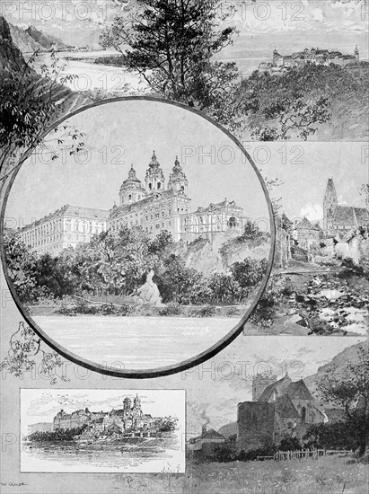 Vienna in various scenes, Danube, Klosterneuburg Abbey, Moelk Abbey, Goettweig Abbey, St Michael's Church, Austria, historical illustration 1890, Europe