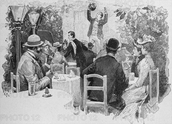 Viennese folk singer, Vienna, performance, singer, listener, garden pub, outdoors, cafe, society, waiter, Austria, historical illustration 1890, Europe