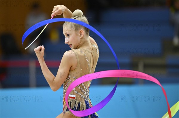 Kseniya Zhyzhych (POL), action, ribbon, rhythmic gymnastics, RSG, Schmiden International 2024, Fellbach, Baden-Wuerttemberg, Germany, Europe