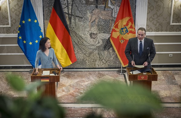 Annalena Baerbock (Alliance 90/The Greens), Federal Foreign Minister, photographed during her visit to Montenegro. Here a press conference with Foreign Minister Filip Ivanovic in Villa Gorica. 'Photographed on behalf of the Federal Foreign Office'