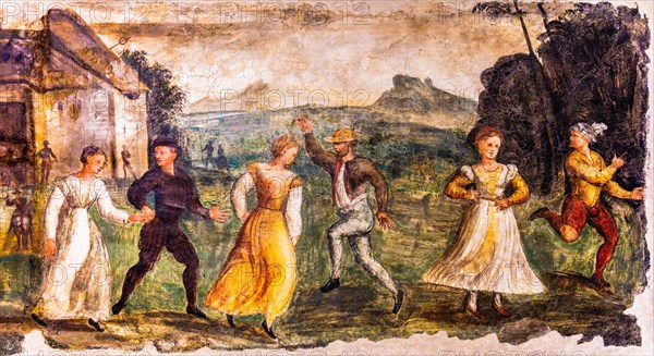 Rural dance, Termpera mural painting, c. 1540, Museo Civico d'Arte, Palzuo Ricchieri, historic centre with magnificent aristocratic palaces and Venetian-style arcades, Pordenone, Friuli, Italy, Pordenone, Friuli, Italy, Europe