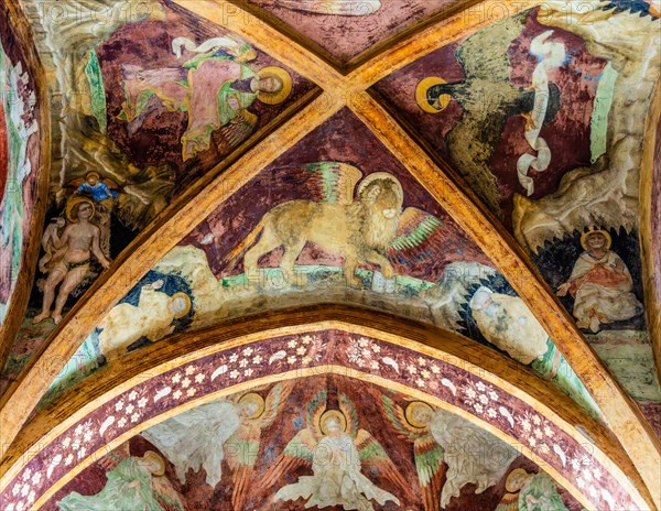 Ceiling frescoes with Venetian lions, Duomo di San Marco, old town centre with magnificent aristocratic palaces and Venetian-style arcades, Pordenone, Friuli, Italy, Pordenone, Friuli, Italy, Europe