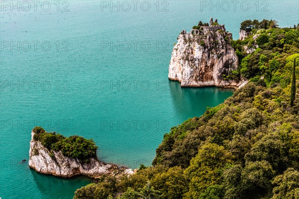 Ruins of the fortress with Dante Rock, Duino Castle, with spectacular sea view, private residence of the Princes of Thurn und Taxis, Duino, Friuli, Italy, Duino, Friuli, Italy, Europe