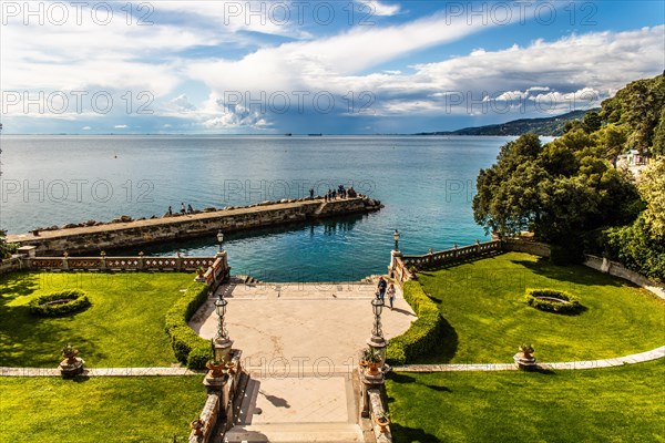 Park of Miramare Castle with marvellous view of the Gulf of Trieste, 1870, residence of Maximilian of Habsburg-Lorraine and Austria, princely living culture in the second half of the 19th century, Friuli, Italy, Trieste, Friuli, Italy, Europe