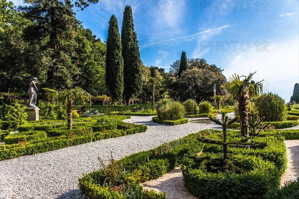 Park of Miramare Castle with marvellous view of the Gulf of Trieste, 1870, residence of Maximilian of Habsburg-Lorraine and Austria, princely living culture in the second half of the 19th century, Friuli, Italy, Trieste, Friuli, Italy, Europe