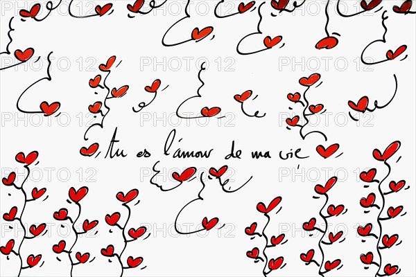 Street art, painted house wall with hearts and lettering on the theme of love, Montmartre, Paris, Ile-de-France, France, Europe