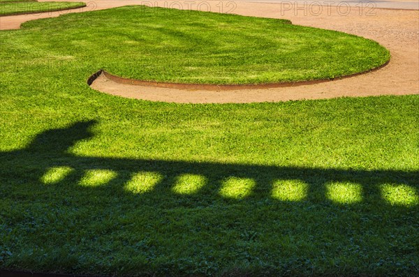 Ornate detail of greenery with shadows cast by a balustrade in the inner courtyard of the Dresden Zwinger, a jewel of Saxon Baroque, Dresden, Saxony, Germany, for editorial use only, Europe