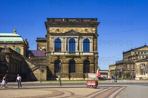 Ticket sales stand and stop for city tours on Sophienstrasse in front of the Dresden Zwinger, Inner Old Town, Dresden, Saxony, Germany, for editorial use only, Europe