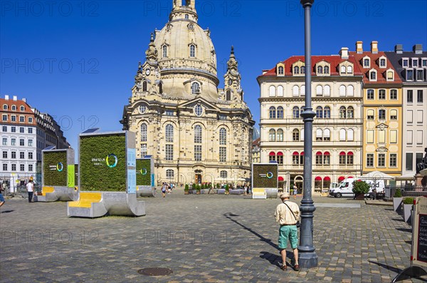 Tourist scene in front of the Church of Our Lady on the Neumarkt in Dresden, Saxony, Germany, for editorial use only, Europe