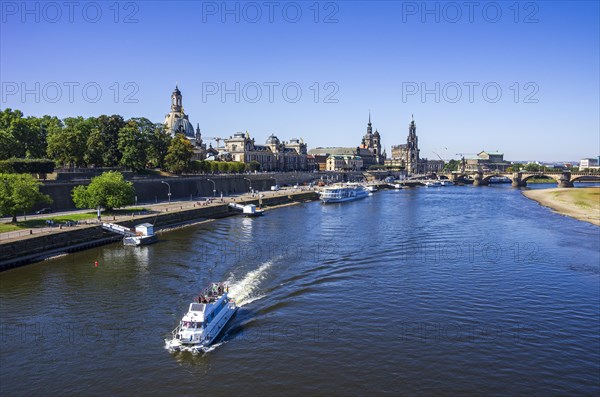 View of the historic old town ensemble on the Terrassenufer in Dresden, Saxony, Germany, Europe