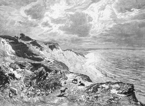 Coastal landscape on Hiddensee, island near Ruegen, Baltic Sea, steep coast, nature, waves, Mecklenburg-Western Pomerania, Germany, historical illustration 1880, Europe