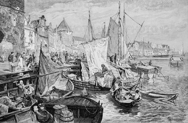 Market at the river Mottlau in Gdansk, Baltic Sea, harbour scene, many sailing ships, people, trade, economy, barrel, pier, shore, Poland, historical illustration 1880, Europe