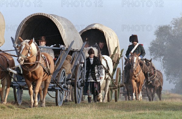Participants of a cavalry march from Bad Dueben to Leipzig on 16 October 1998. On the 185th anniversary of the Battle of Leipzig in 1813, the battle is authentically re-enacted in historical battle scenes