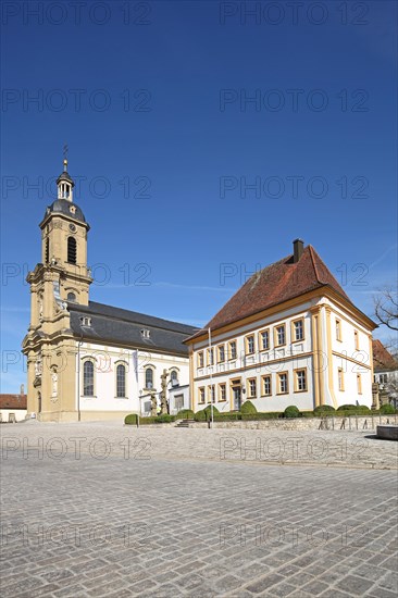 Gothic Mauritius Church with crucifixion group and library, half-timbered house, Wiesentheid, Lower Franconia, Franconia, Bavaria, Germany, Europe