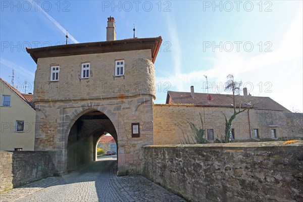 Historic Mainbernheim Gate as part of the town fortifications, town wall, defence defence tower, Iphofen, Lower Franconia, Franconia, Bavaria, Germany, Europe