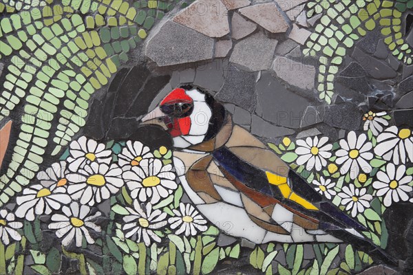 Wall mosaic with goldfinch by Isidora Paz Lopez 2019, one, colourful, yellow, red, bird figure, goldfinch, finch, flower figures, flower figures, arts and crafts, tiles, tiles, Lopez, rock staircase, bird staircase, Pirmasens, Palatinate Forest, Rhineland-Palatinate, Germany, Europe