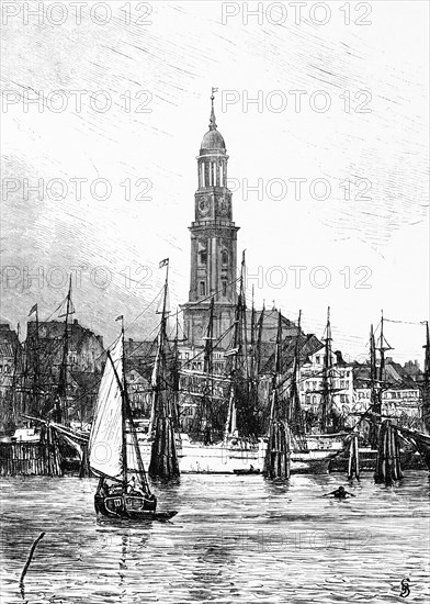 St. Michael's Church, Michel, church tower, clock tower, harbour with tall ships, dolphins, shipping traffic, Hanseatic City of Hamburg, Germany, historical illustration 1880, Europe